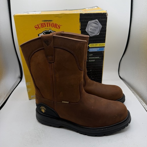 Herman Survivors Bison Boots Mens 11 Brown Leather Pull On Steel Toe Waterproof main image 5
